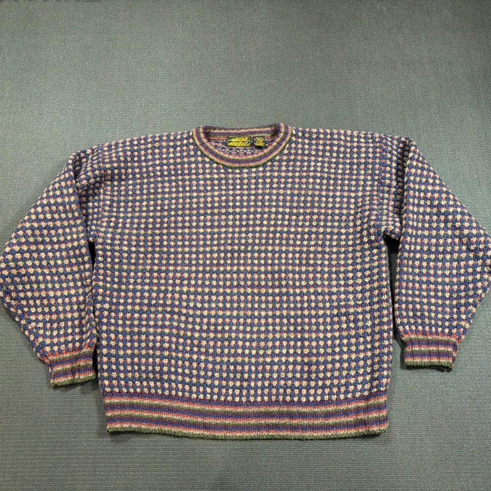 EDDIE BAUER Knit Sweater Thick XL Wool All-over print 80s Black Tag Birdsey
